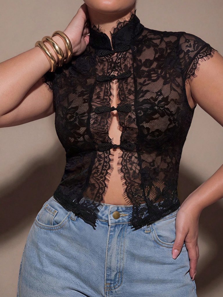 Black Plants Sexy Women's Button Zipper Stand Collar Lace Shirt Slim Fit
